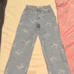 Stylish Light Blue Bow Pattern Straight Leg Jeans